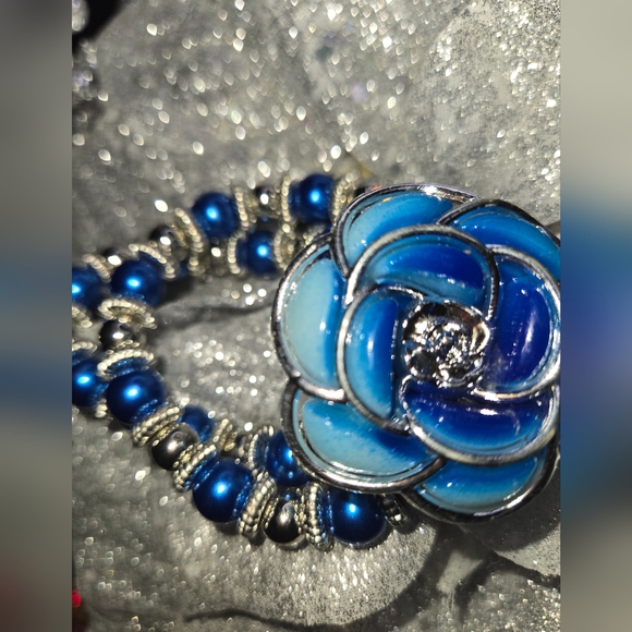 Fashion Jewelry I Rose Double Bracelet I Faux Blue Pearl I Expandable - Picture 2 of 6